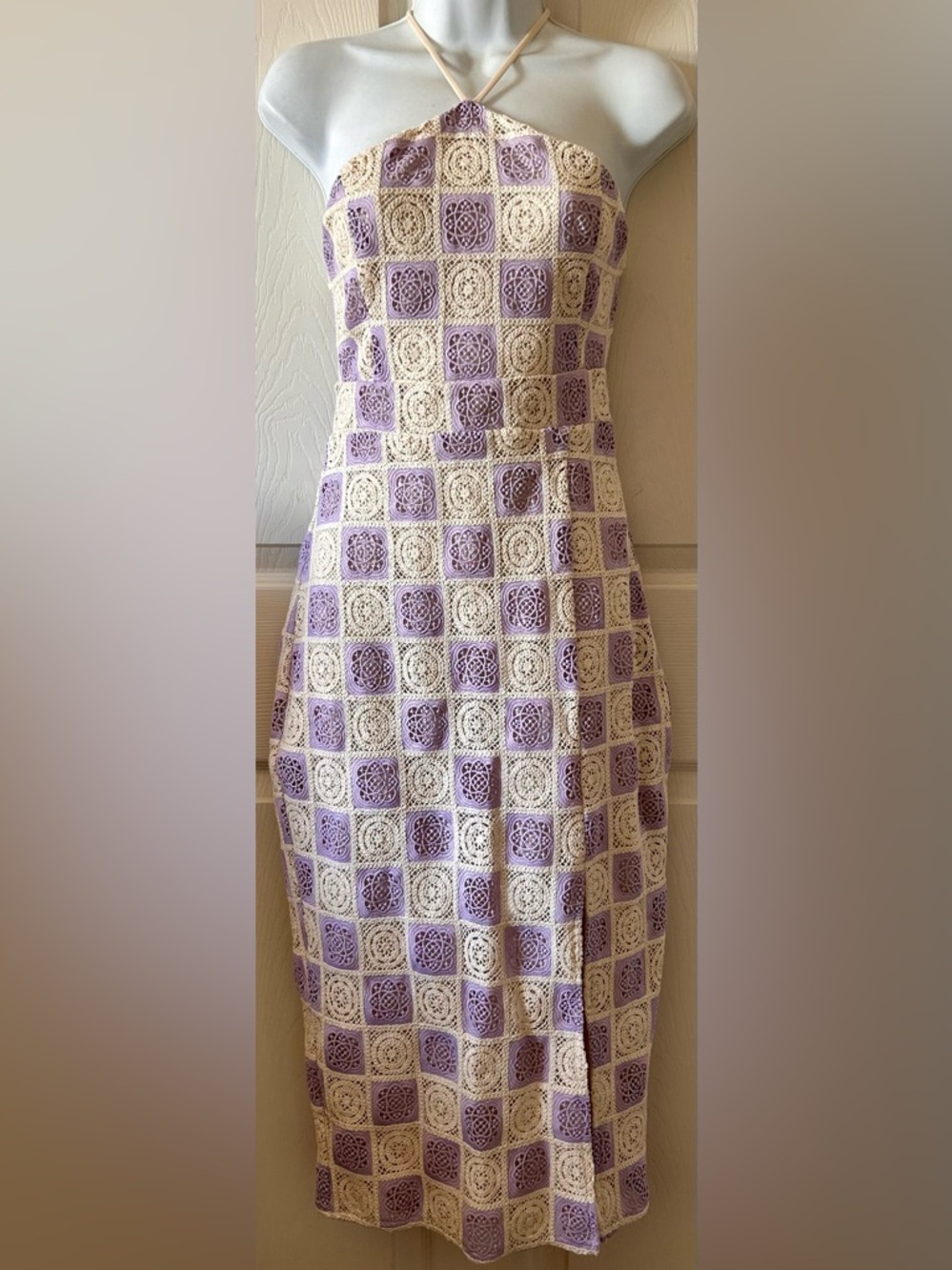 FORE COLLECTION Lilac/Cream Checkered Crochet Halter Dress Spring Wedding Guest - Picture 13 of 13